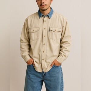 Roper Beige Button-Down Shirt with Blue Collar